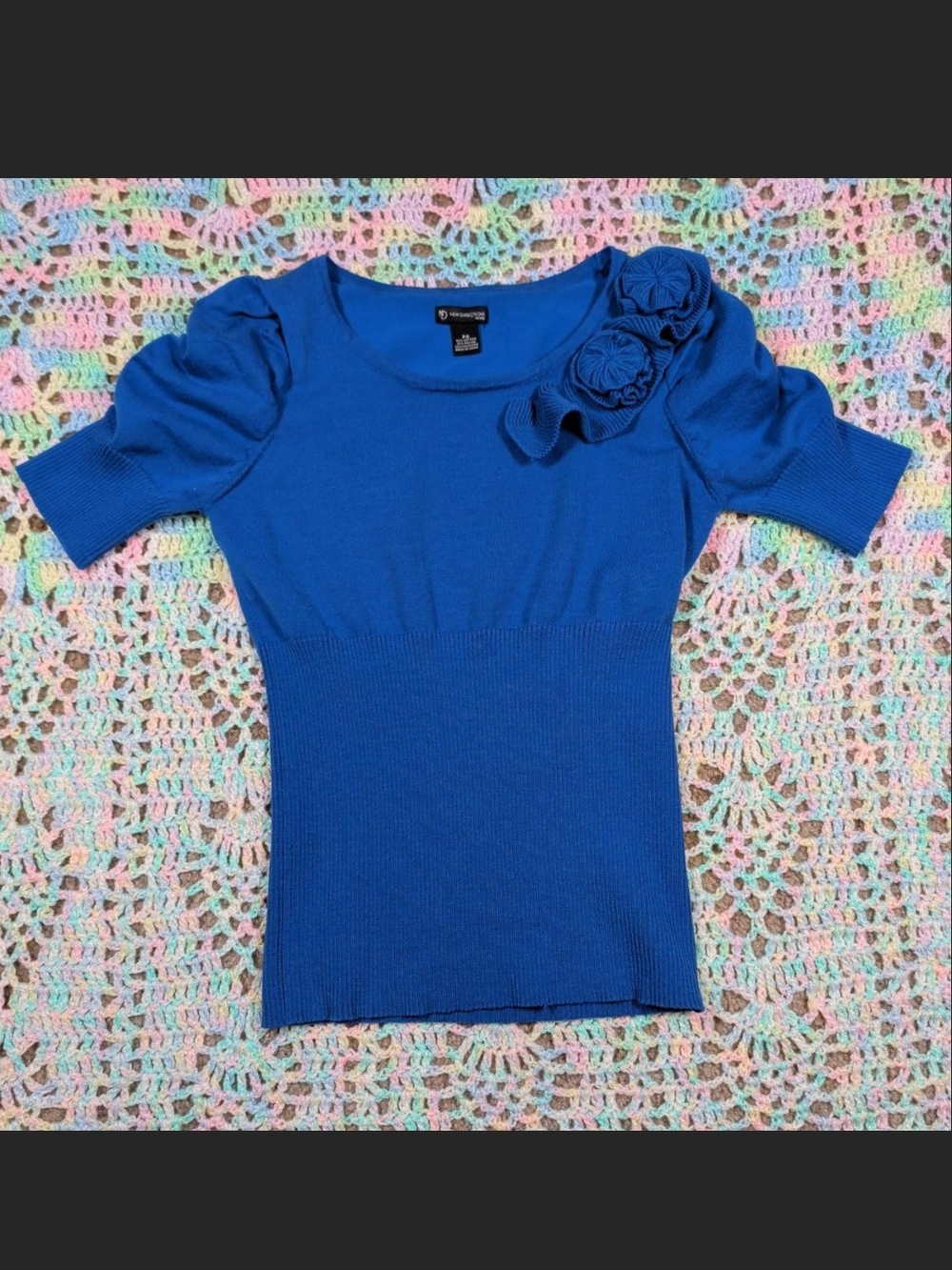 new directions Royal Blue Short Sleeve Knit Top with Shoulder Rosettes